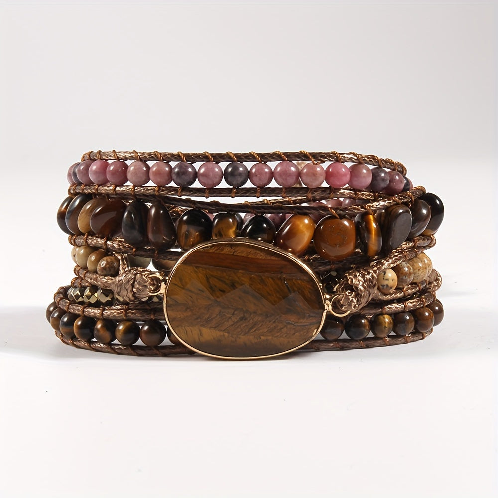 Bohemian Style Handmade Beaded Bracelet, Natural Stone Glass Wax Rope 5-Strand Wrap Bracelet for Women