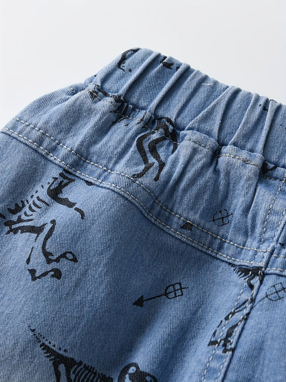 Skeleton Dinosaur Print Boys Comfortable Creative Denim Shorts, Casual Slightly Stretch Shorts For Summer Outdoor
