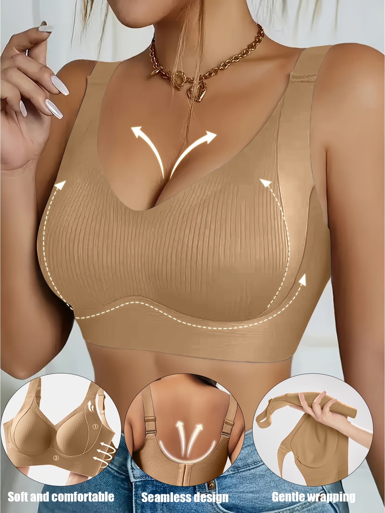 3pcs Women'S Seamless Sports Bras, Wire-Free Push-Up Bra with Full Coverage Back, Smooth and Sexy Underwear for Gym, Yoga, and Casual Wear, Yoga Apparel, Vneck Design, Medium Elasticity, Wireless Bra For Women, Freedaily, Spo