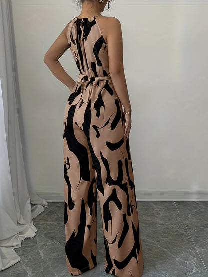 Elegante macacão feminino com ombros à mostra, estampado abstrato a preto e branco, pernas largas e atilhos na cintura - tecido de poliéster, perfeito para as férias e para um toque de elegância no dia a dia.