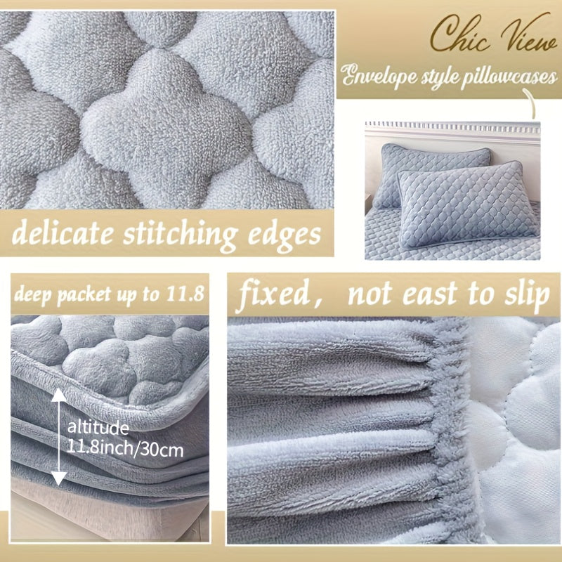 3pcs Soft And Comfortable Milk Velvet Fitted Sheet And Pillowcase Set, Sandwich Thickened Fitted Sheet And Pillowcase Set, Good Warmth Effect, Fitted Sheet Height 30Cm, Quilted Style Fitted Sheet, Suitable for Bedroom And Gue