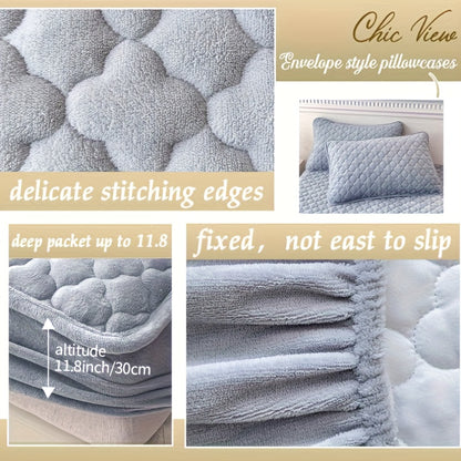 3pcs Soft And Comfortable Milk Velvet Fitted Sheet And Pillowcase Set, Sandwich Thickened Fitted Sheet And Pillowcase Set, Good Warmth Effect, Fitted Sheet Height 30Cm, Quilted Style Fitted Sheet, Suitable for Bedroom And Gue