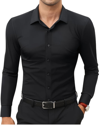 Men'S Slim Fit Long Sleeve Shirt - 55% Cotton, 40% Polyester, 5% Spandex, Solid Color, All-Season, Woven Fabric, Button-Up, Lapel Collar, Casual Weekend Wear, 125g/m²