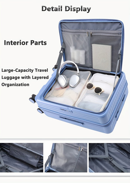 Hard Shell Spinner Luggage, Front Opening, Telescopic Handle, Durable ABS+PC Material, TSA Lock, Cup Holder, Shock Absorbing Wheels, Iron Pull Handle, No Electricity Required, No Print, for Travel