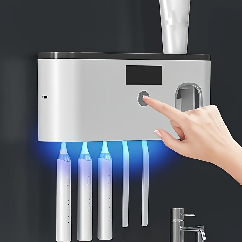 1pc Smart Toothbrush Sanitizer with Automatic Toothpaste Dispenser, Wall-Mounted UV Sterilization Holder, 5-Slot Storage, Durable Plastic, USB Rechargeable Lithium Battery, Bathroom Organization and Home Decor, Toothbrush Hol