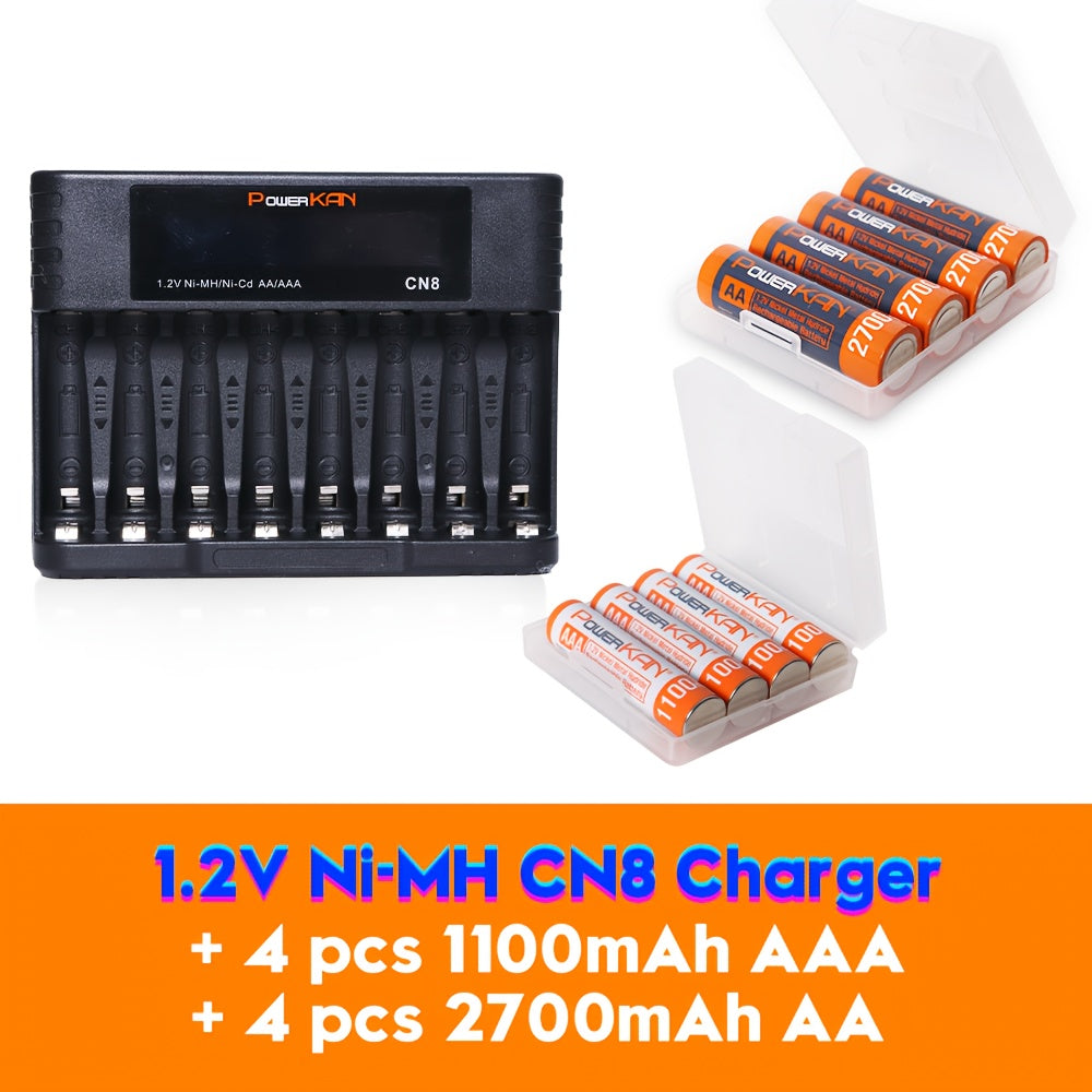 POWERKAN kit (battery + charger), 1.2V NiMH rechargeable AA and AAA batteries + CN8 charger, AA/AAA rechargeable and reusable, suitable for remote controls, alarm clocks, microphones and other household essential electronic d