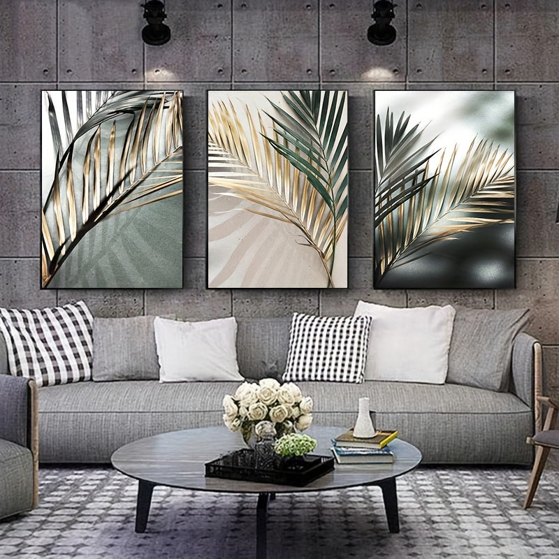 3pcs Nordic Botanical Wall Art - Golden Palm Leaf Plant Canvas Painting - Scandinavian Decoration - Home Decor - No Frame