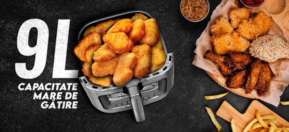 Air Fryer, Oil-Free, iHunt Bro Air Fryer Ultra, 9-Liter Capacity, Transparent Glass Drawer, Digital Display, 12 Cooking Functions, Adjustable Temperature, Defrost & Timer, Shake Reminder, 1800W, Black