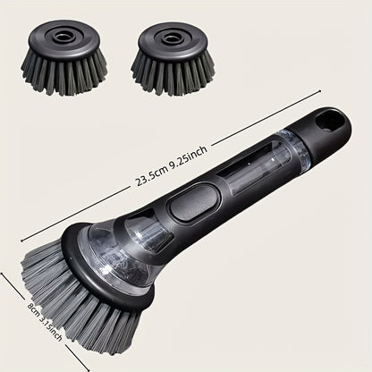 Long Handle with Built-In Soap Dispenser Brush, Paired with 2 Replacement Brushes, Easy to Clean Kitchen Brush - Durable Plastic Dishwashing Brush, Efficient Cleaning