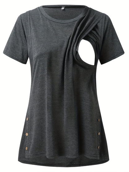 Women's Maternity Nursing T-shirt, Casual Mid Stretch Breathable Breastfeeding Pregnancy Top For Outdoor