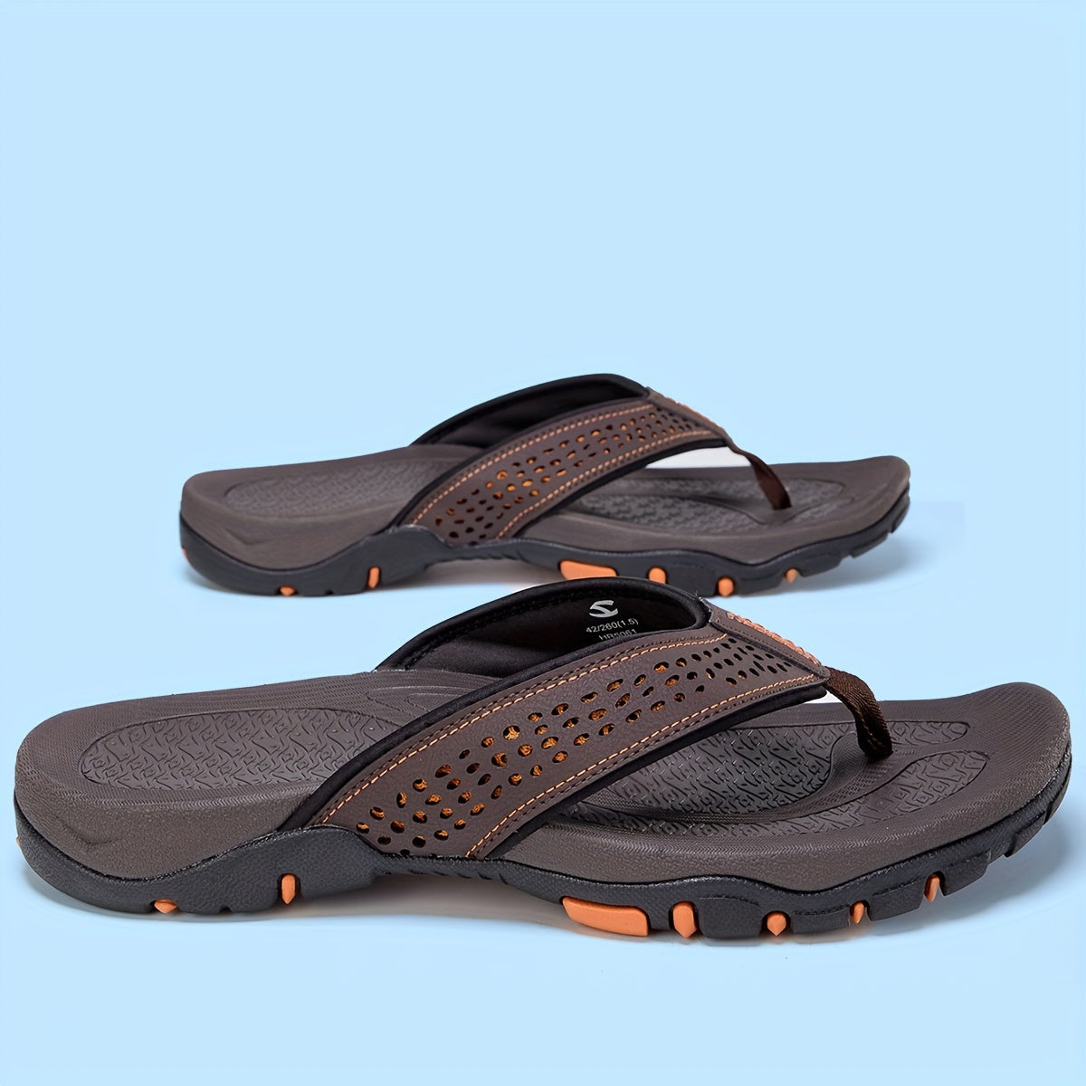 Men's Breathable Slip-On Sandals - Comfortable Non-Slip Beach Slippers with TPR Sole & EVA Cushion, Textured Traction Design, Durable PU Upper, Brown/Orange Accents - Extended Sizes Available, Summer Footwear | Stylish Comfor