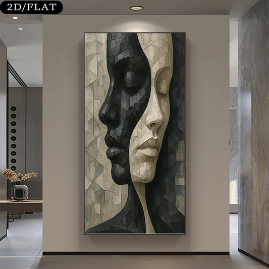 1pc Extra Large Modern Abstract Black and White Face Canvas Wall Art - Minimalist Beige, Brown, Gray, Black  White  Light Gray - Frameless Contemporary Painting for Living Room, Bedroom, Home Office Decor - Large Statement Pi