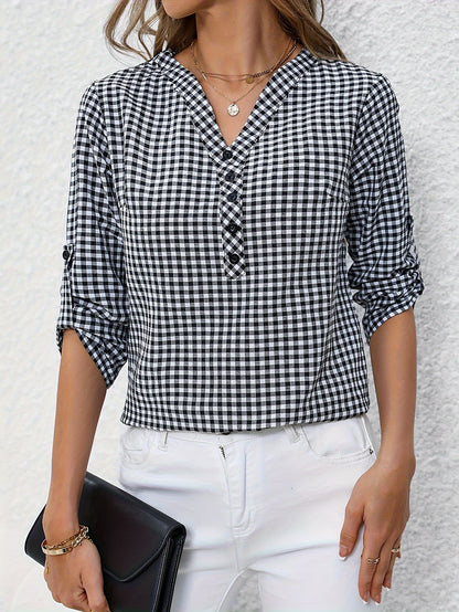 Plaid Print Button Notched Neck Blouse, Casual Rolled Sleeve Blouse For Spring, Women's Clothing