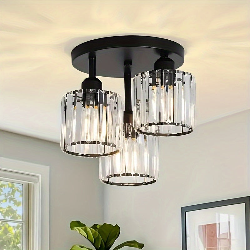 Modern 3-Light Semi-Flush Mount Crystal Chandelier - Metal Ceiling Light Fixture with Glass Shades for Dining Room, Foyer, Hallway, Kitchen Island, Office - E27 Bulb Base, Hardwired (Bulbs Not Included)