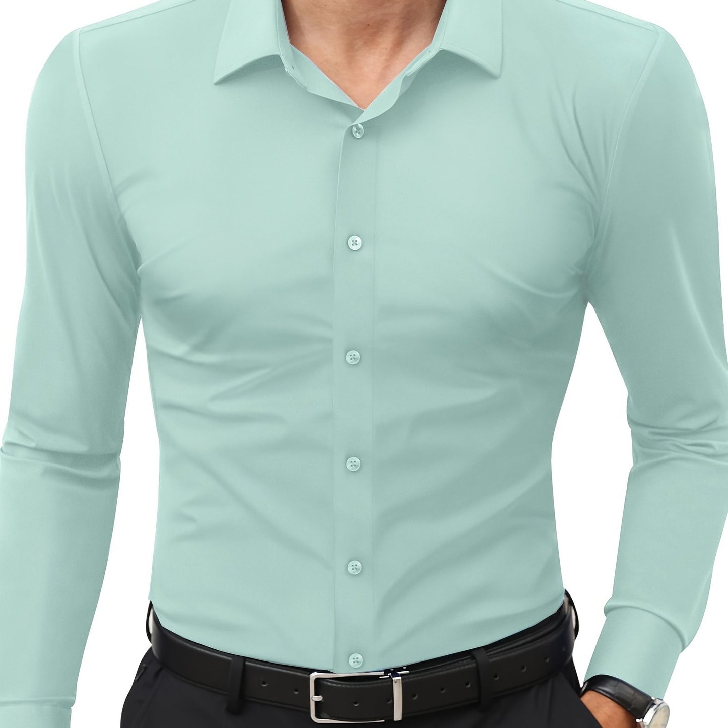 Men'S Slim Fit Long Sleeve Shirt - 55% Cotton, 40% Polyester, 5% Spandex, Solid Color, All-Season, Woven Fabric, Button-Up, Lapel Collar, Casual Weekend Wear, 125g/m²