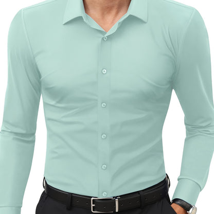 Men'S Slim Fit Long Sleeve Shirt - 55% Cotton, 40% Polyester, 5% Spandex, Solid Color, All-Season, Woven Fabric, Button-Up, Lapel Collar, Casual Weekend Wear, 125g/m²