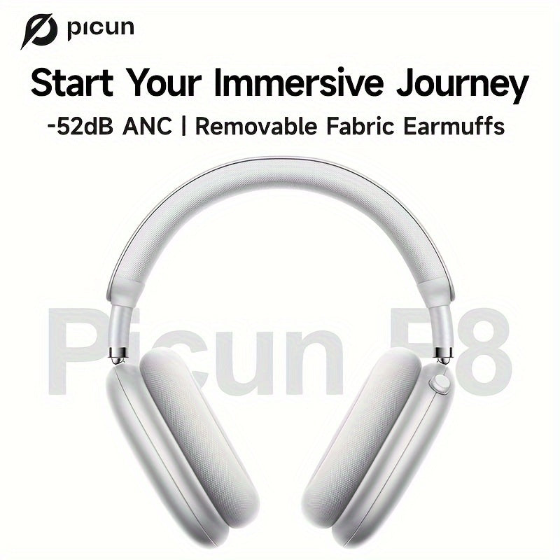 Picun F8 Pro Wireless Over-Ear Headphones with 52dB Hybrid ANC, Hi-Res Audio, Detachable Fabric Ear Cushions, Smart 5-Mic ENC, 140-Hour Standby, and Seamless Dual-Device Connectivity, Black, Wireless Headphones, Modern Headph
