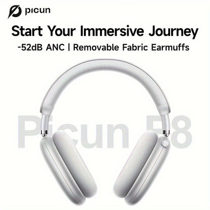 Picun F8 Pro Wireless Over-Ear Headphones with 52dB Hybrid ANC, Hi-Res Audio, Detachable Fabric Ear Cushions, Smart 5-Mic ENC, 140-Hour Standby, and Seamless Dual-Device Connectivity, Black, Wireless Headphones, Modern Headph