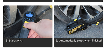 CaRSun Digital Tire Inflator, Portable Air Compressor Pump with LED Light for Cars, Motorcycles, Bicycles - DC 12V, 150 PSI, Black & Yellow Design, Plug-In Power Supply, No Battery Required, Bicycle Tire Inflator | Sleek Port