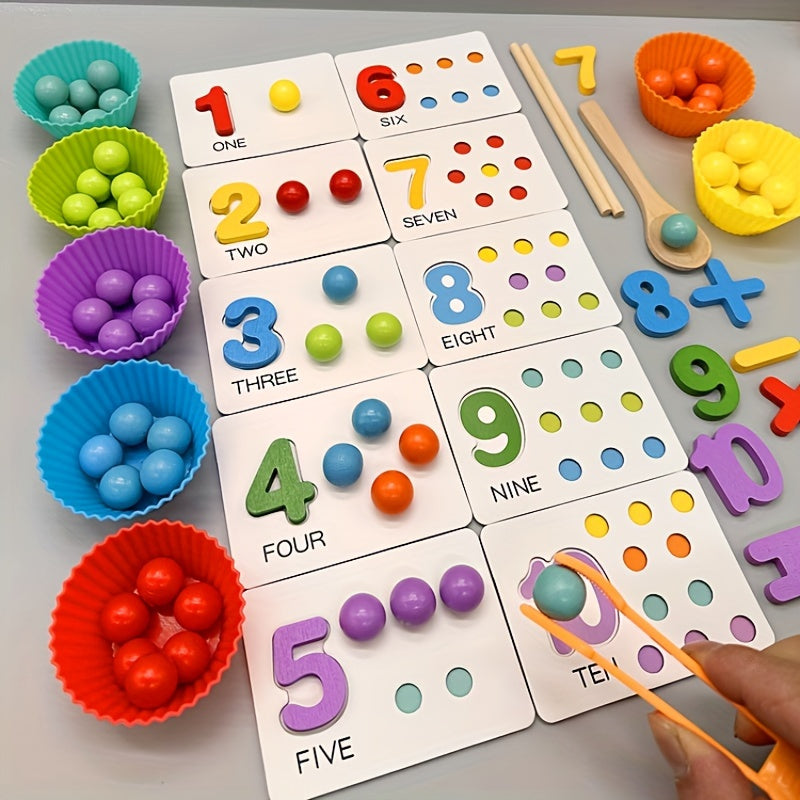 Wooden Number Counting Game for - Educational Preschool Math Learning Toy with Colorful Beads, Matching Cards and Clipping Tweezers for Cognitive Skills Development, Age 3+
