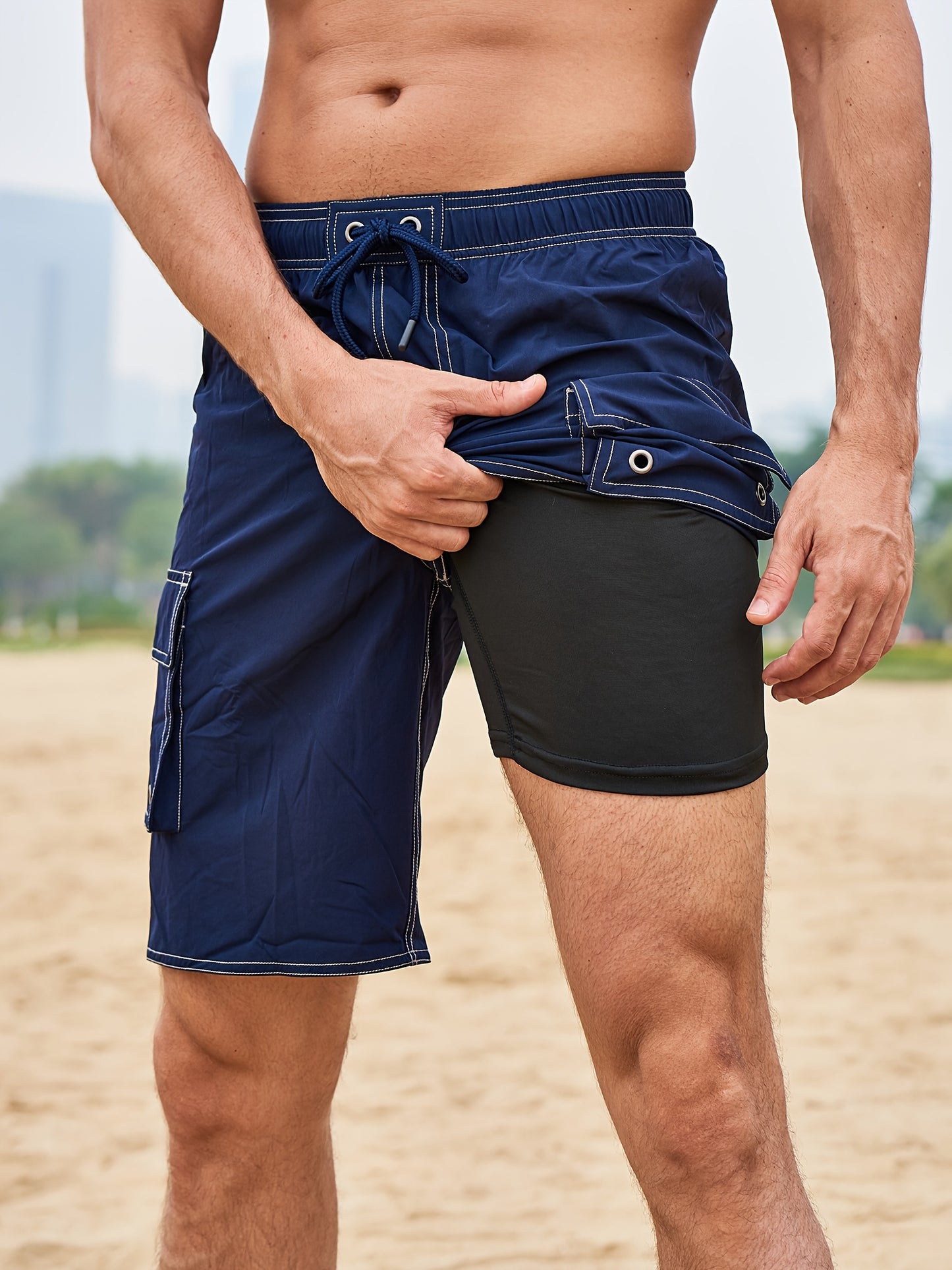 Men's Quick-Dry Swim Shorts with Adjustable Drawstring Waist & Pockets - Sporty Solid Black Beach Shorts for Swimming, Surfing, Water Sports - Machine Washable Regular Fit, Swimming Gear | Sleek Construction