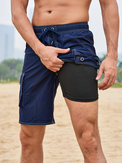 Men's Quick-Dry Swim Shorts with Adjustable Drawstring Waist & Pockets - Sporty Solid Black Beach Shorts for Swimming, Surfing, Water Sports - Machine Washable Regular Fit, Swimming Gear | Sleek Construction