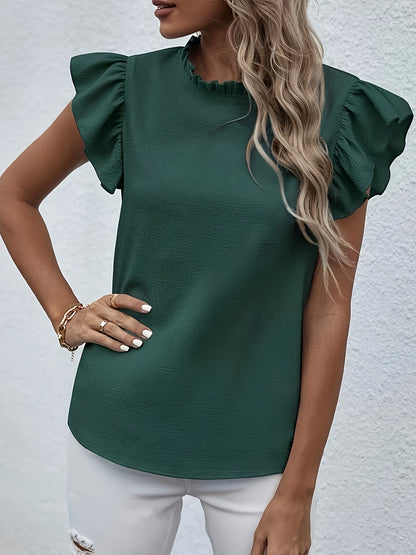 Ruffle Trim Crew Neck Blouse, Casual Solid Color Flutter Sleeve Blouse For Spring & Summer, Women's Clothing Wedding holiday vacation