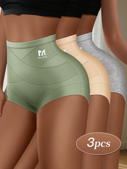 3pcs Women'S High-Waist Tummy Control Briefs - Green, Beige, Light Gray - Breathable & Comfortable with Ribbed Texture for Posture Support & Belly Control, High Waisted Leggings, Posture Support Underwear, Sleek Underwear Des