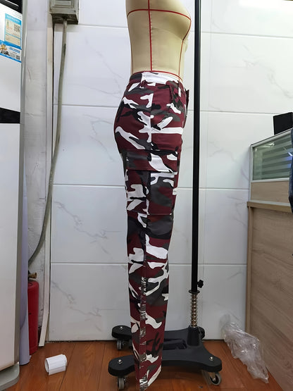 Calças de ganga cargo direitas de cintura subida com estampado camuflado, tecido médio elástico, bolso lateral com pala, cintura subida, calças de ganga femininas e roupa.