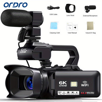 YISENCE 6K Camcorder Video Camera 64MP 18X Digital Zoom IR Night Vision Vlogging Camera for YouTube 10.16cm Touch Screen Digital Camera with WiFi, Microphone, Remote Control, Charger, Stabilizer and 64G SD Card