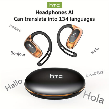 HTC NE35 AI Translation Earbuds Real-time Translation Headphones OWS Open-Ear Wireless Headphones, Latest BT V6.0, Noise Reduction Clear Call, 6.5 Hours Music Long Battery Life, Big speaker Big Volume