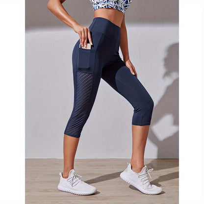 Wide Waistband Tummy Control Hip Lifting Sports Capri Pants, High Waist Stitching Mesh Capri Leggings, Women's Activewear