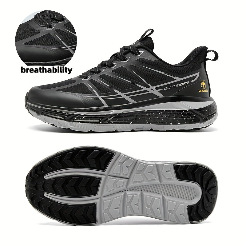 Men's All-Season Breathable Sneakers - Non-Slip Cushioned MD Sole, White/Gray/, Lace-Up Mid-Top Sneakers for Running, Gym, Hiking, Everyday - Extended Sizes Available, Outdoor Activities, Geometric Pattern, Secure Fit, Versat