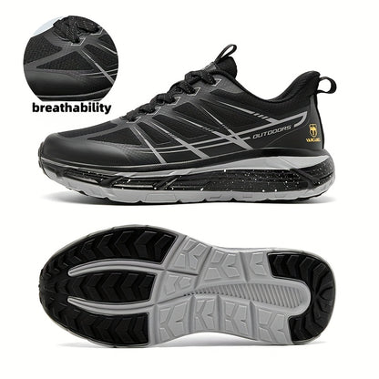 Men's All-Season Breathable Sneakers - Non-Slip Cushioned MD Sole, White/Gray/, Lace-Up Mid-Top Sneakers for Running, Gym, Hiking, Everyday - Extended Sizes Available, Outdoor Activities, Geometric Pattern, Secure Fit, Versat