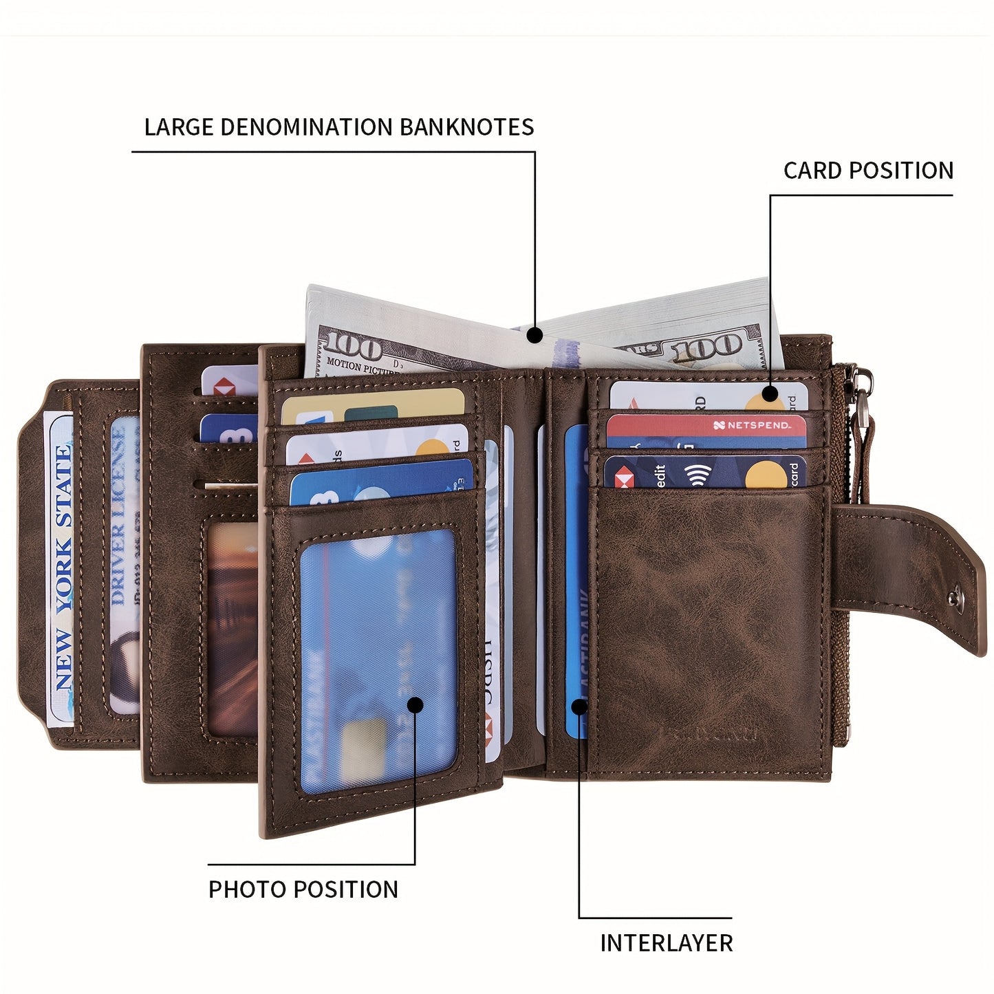 BANYANU Vintage Genuine Leather Wallet for Men - RFID Blocking, 17 Card Slots, Zippered Coin Pocket & Independent Card Holder, Brown, Perfect Father'S Day Gift, Secure Card Storage | Vintage Wallet | Durable Zipper Closure, B