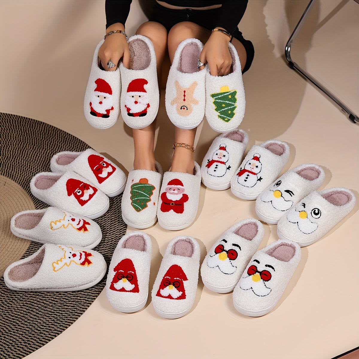 Christmas Tree Pattern Fuzzy Slippers, Winter Warm Closed Toe Flat Floor Shoes, Cozy Soft Sole Plush Home Slippers