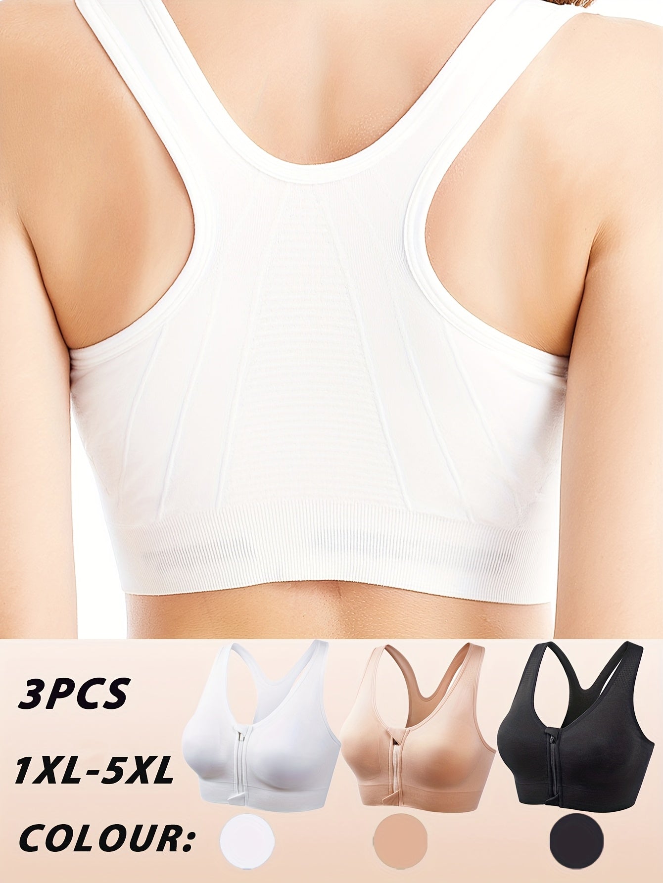 3pcs Plus Size Front Zipper Bras - No Underwire & Removable Pads, Breathable Mesh Running Bras for Women, 1XL-5XL (Navy/Black/Purple), Casual swear, Sleek y Look, Comfortable Fit