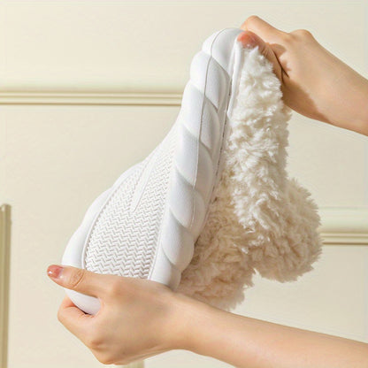 Women's Solid Color Fuzzy Slippers, High-top Round Toe Non-slip Thick Bottom Fluffy Warm Shoes, Winter Cozy Indoor Shoes