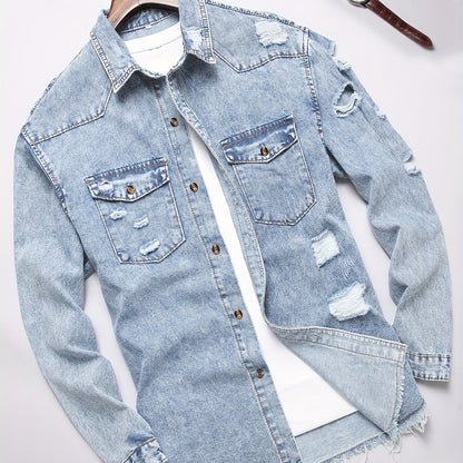 Men's Trendy Ripped Design Casual Button Up Long Sleeve Denim Shirt, Men's Clothes For Spring Summer Autumn, Tops For Men