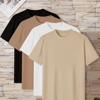 Conjunto de 4 t-shirts casuais para homem de cor sólida, estilo simples, manga curta e gola redonda, ideais para usar em casa, como pijama ou para atividades ao ar livre no verão.