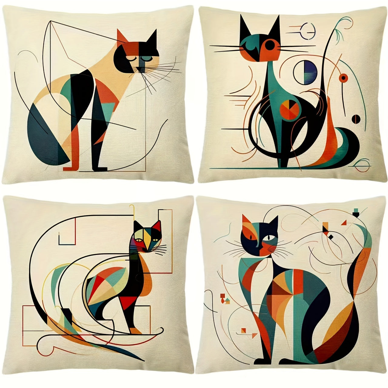 Conjunto de 4 capas de almofada decorativas em linho tecido, com estampa abstrata de gato de Kandinsky, estilo industrial, com fecho, ideais para sofá, quarto, carro e escritório - Laváveis ​​à máquina