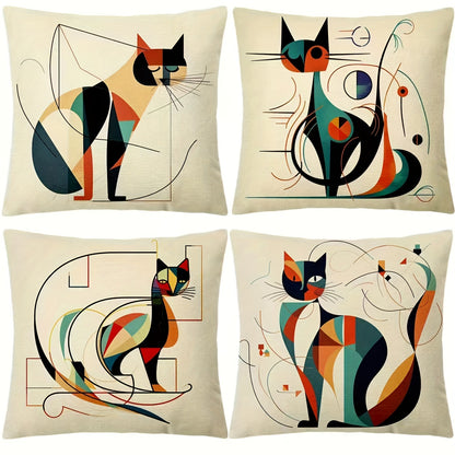 Conjunto de 4 capas de almofada decorativas em linho tecido, com estampa abstrata de gato de Kandinsky, estilo industrial, com fecho, ideais para sofá, quarto, carro e escritório - Laváveis ​​à máquina