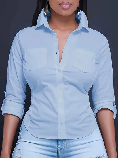 Solid Color Button Front Shirt, Casual Long Sleeve Pocket Shirt For Spring & Fall, Women's Clothing