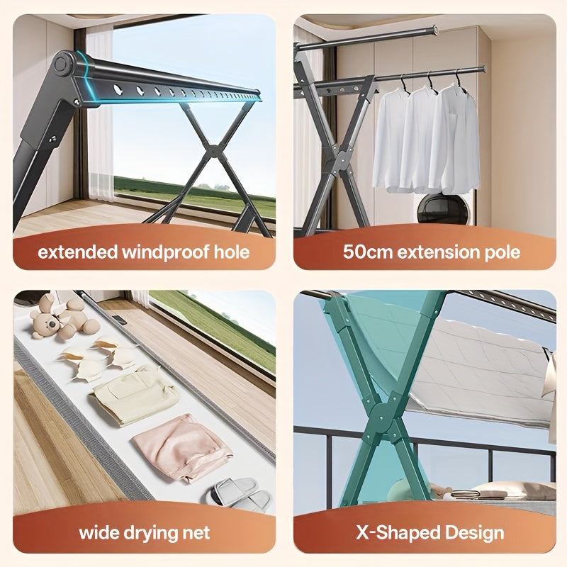 90-Inch Heavy Duty Stainless Steel Clothes Drying Rack with Windproof Hooks, Adjustable Length & 2-Tier Space-Saving Design - Freestanding Telescopic Laundry Rack for Indoor/Outdoor Use, Foldable with Sturdy Base & Top Shelf,