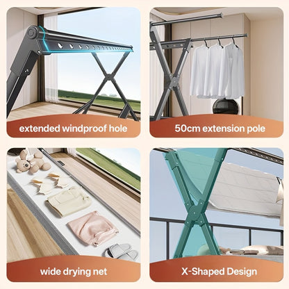 90-Inch Heavy Duty Stainless Steel Clothes Drying Rack with Windproof Hooks, Adjustable Length & 2-Tier Space-Saving Design - Freestanding Telescopic Laundry Rack for Indoor/Outdoor Use, Foldable with Sturdy Base & Top Shelf,