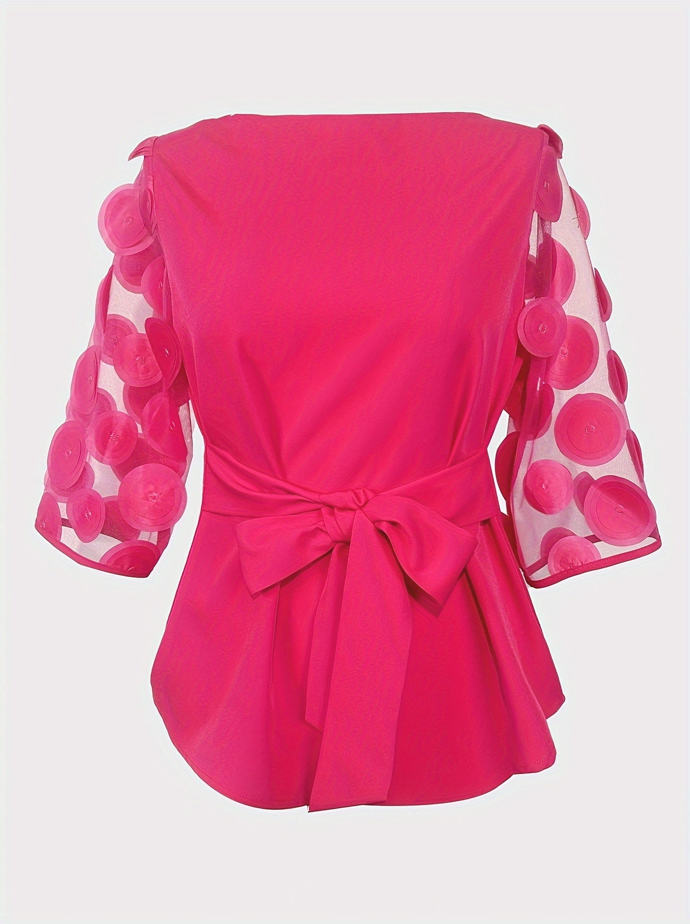 Blusa elegante com ombros à mostra, painel de tule transparente e detalhe de atar na cintura - Cor sólida chique, mangas curtas, lavável à máquina - Perfeita para looks elegantes.