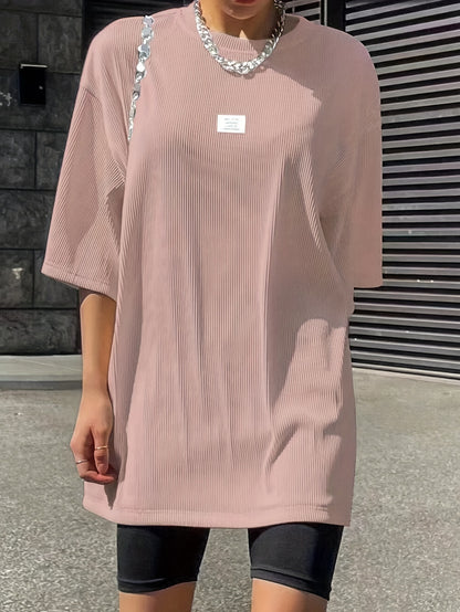 Oversized Drop Shoulder Ribbed T-Shirt, Casual Crew Neck Short Sleeve T-Shirt For Spring & Summer, Women's Clothing