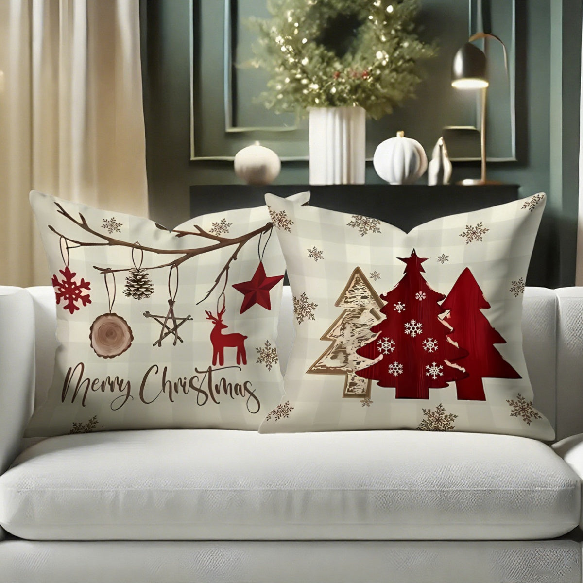 4pcs Christmas Themed Pillow Covers with Winter Elements like Christmas Trees, Snowflakes, and Reindeer - Festive Holiday Decorative Cushion Covers for Home, Car, Bed, Sofa, Office - Zipper Closure, Machine Washable, Polyeste