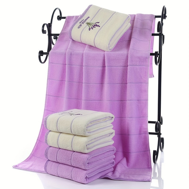 3pcs Lavender Pattern Towels Set, Including Bath Towel 70.0*140.0cm, 2 Face Towels 34.01*73.99cm, Bathroom Comfortable Soft Fabric Towels, Bathroom Supplies