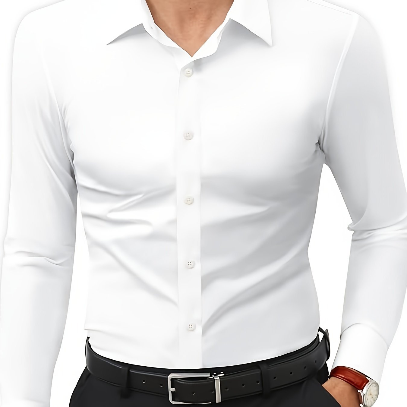 Men'S Slim Fit Long Sleeve Shirt - 55% Cotton, 40% Polyester, 5% Spandex, Solid Color, All-Season, Woven Fabric, Button-Up, Lapel Collar, Casual Weekend Wear, 125g/m²